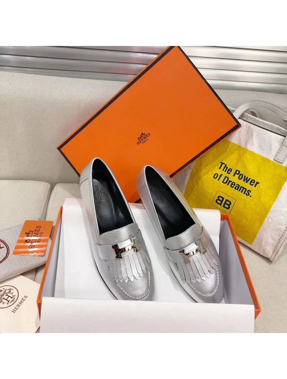 Hermes Royal Loafers In Silver Metallic Lambskin