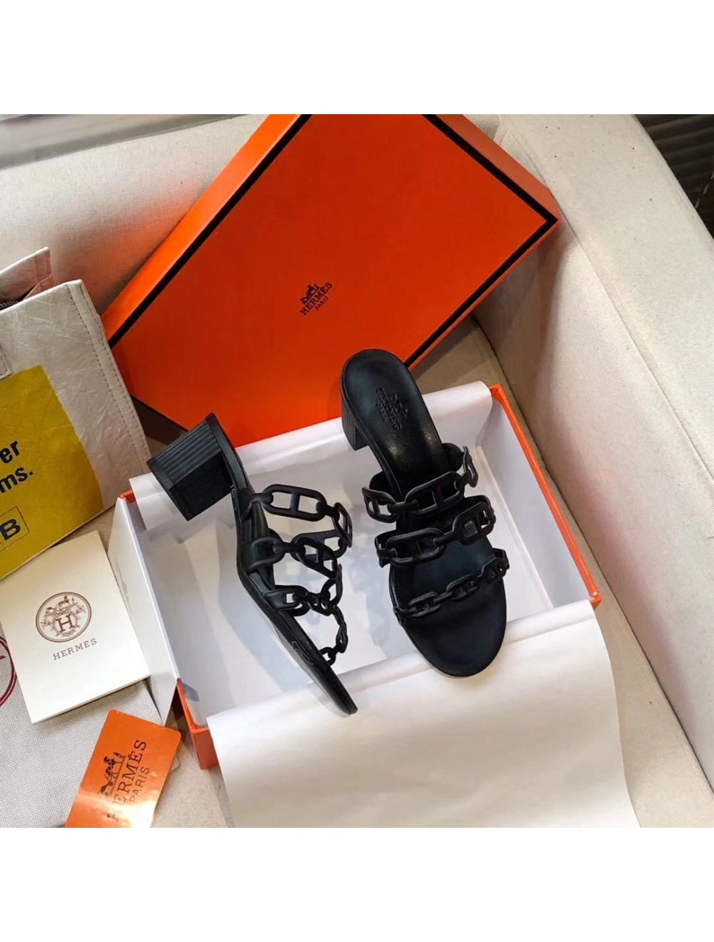 Hermes Tandem Sandals In Black Lambskin