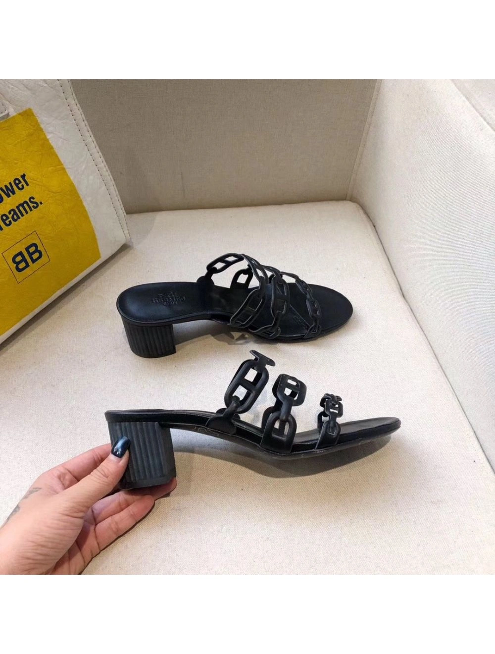 Hermes Tandem Sandals In Black Lambskin