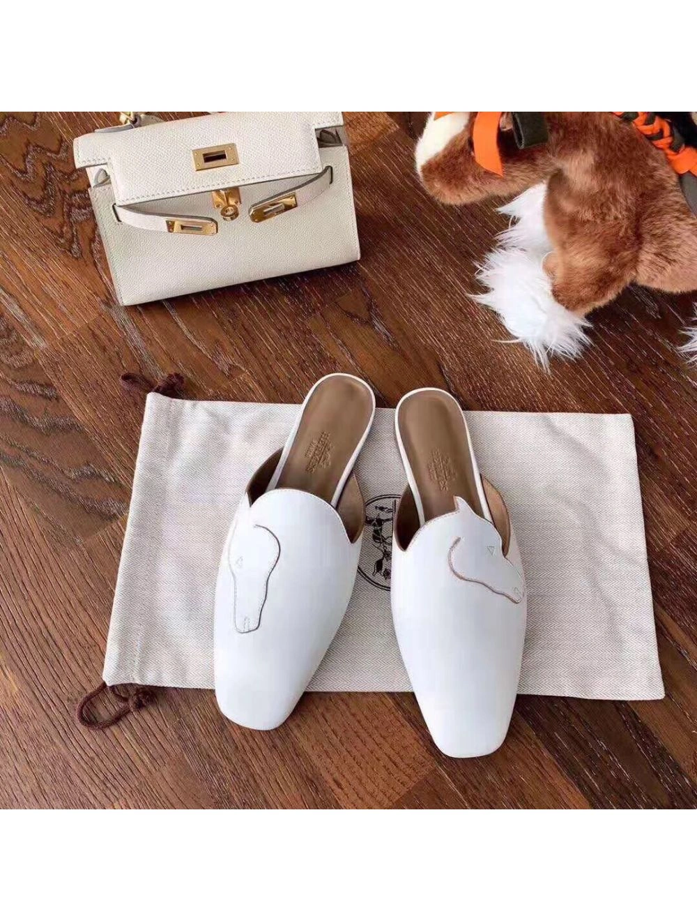 Hermes Tangeria Mules In White Calfskin