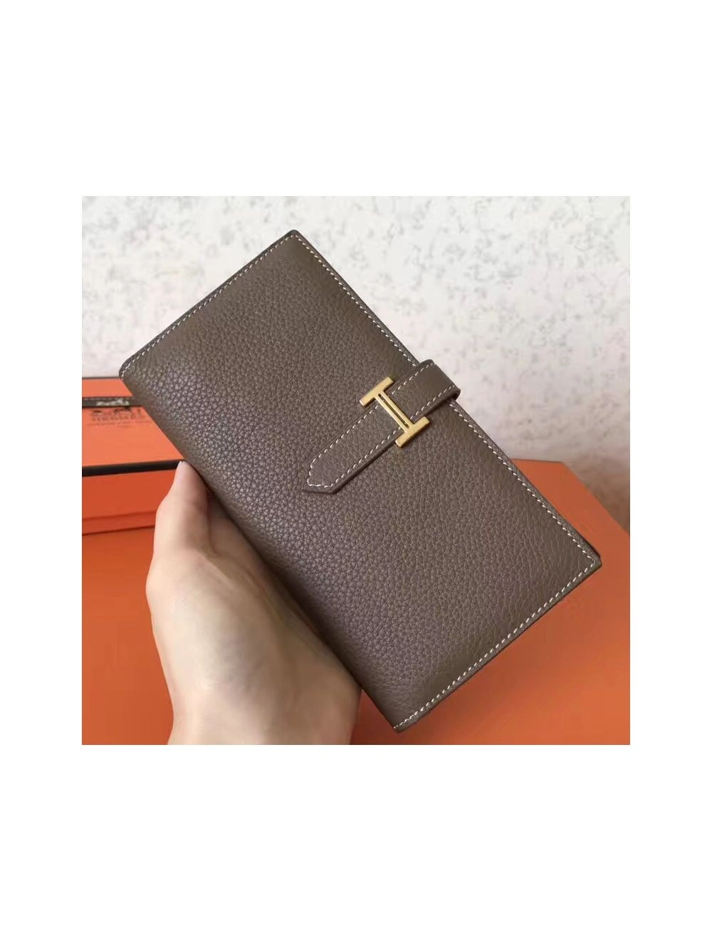 Hermes Taupe Clemence Bearn Gusset Wallet