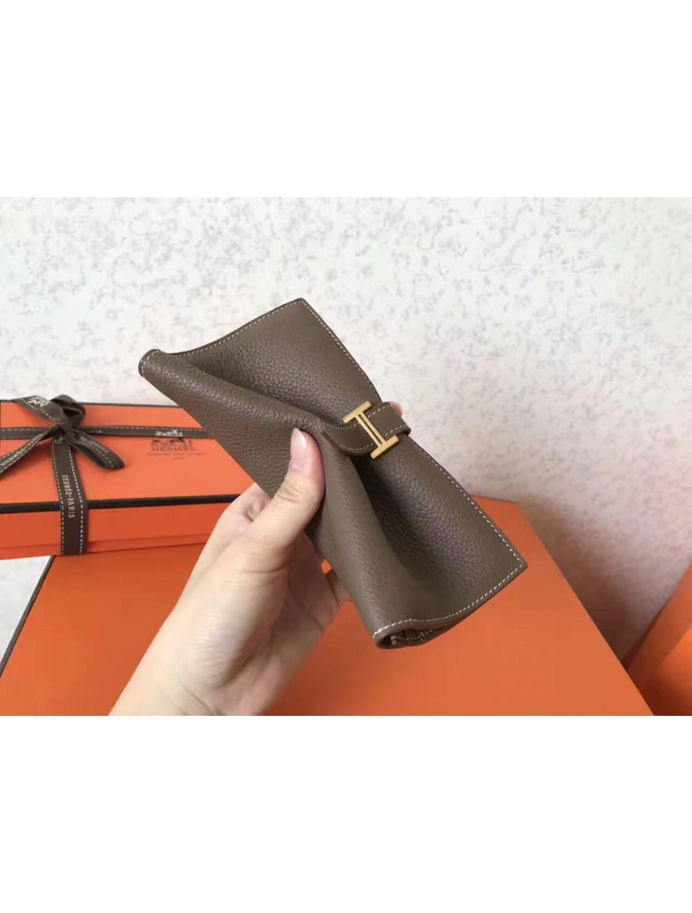 Hermes Taupe Clemence Bearn Gusset Wallet