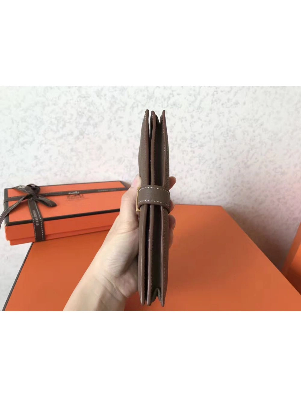 Hermes Taupe Clemence Bearn Gusset Wallet