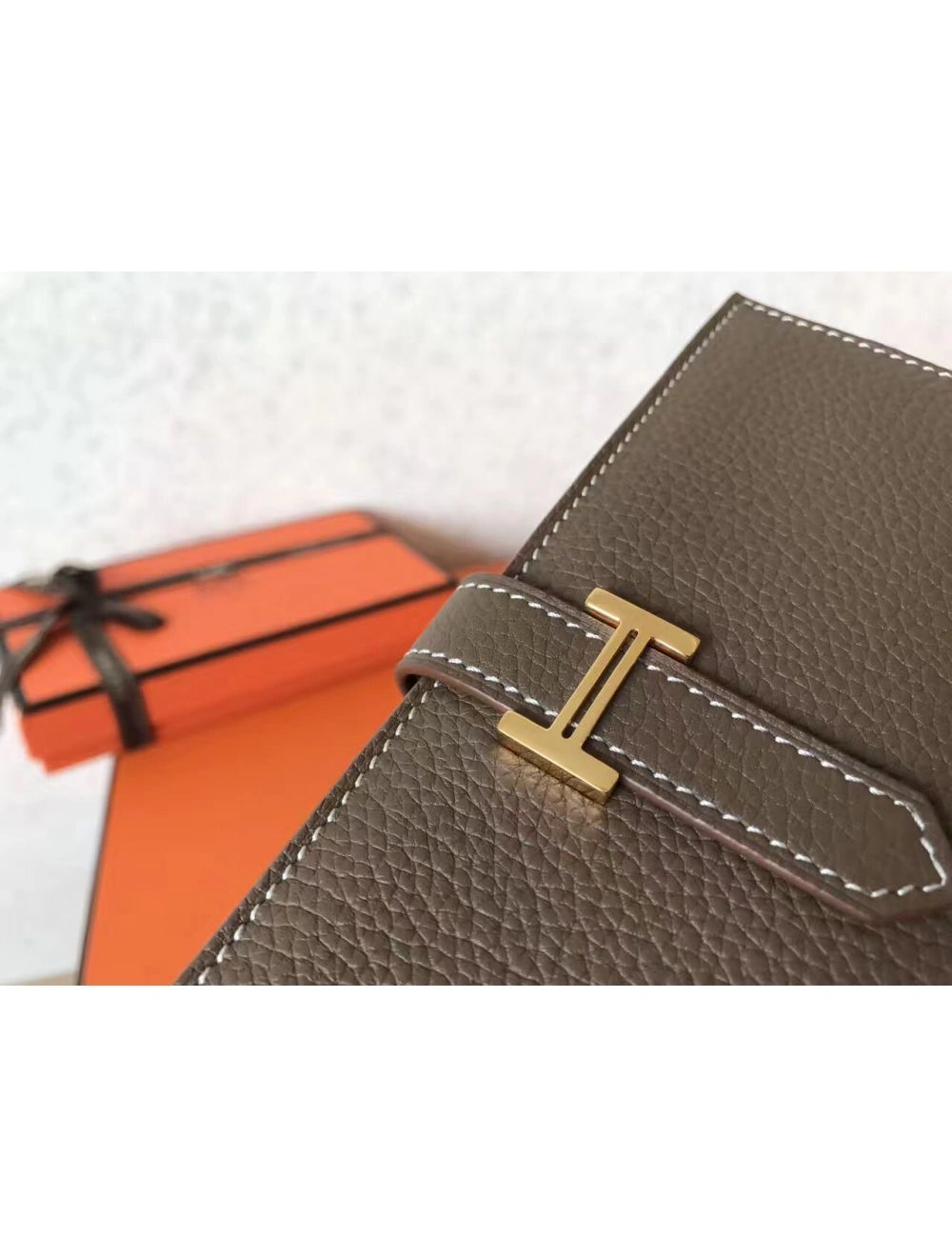 Hermes Taupe Clemence Bearn Gusset Wallet