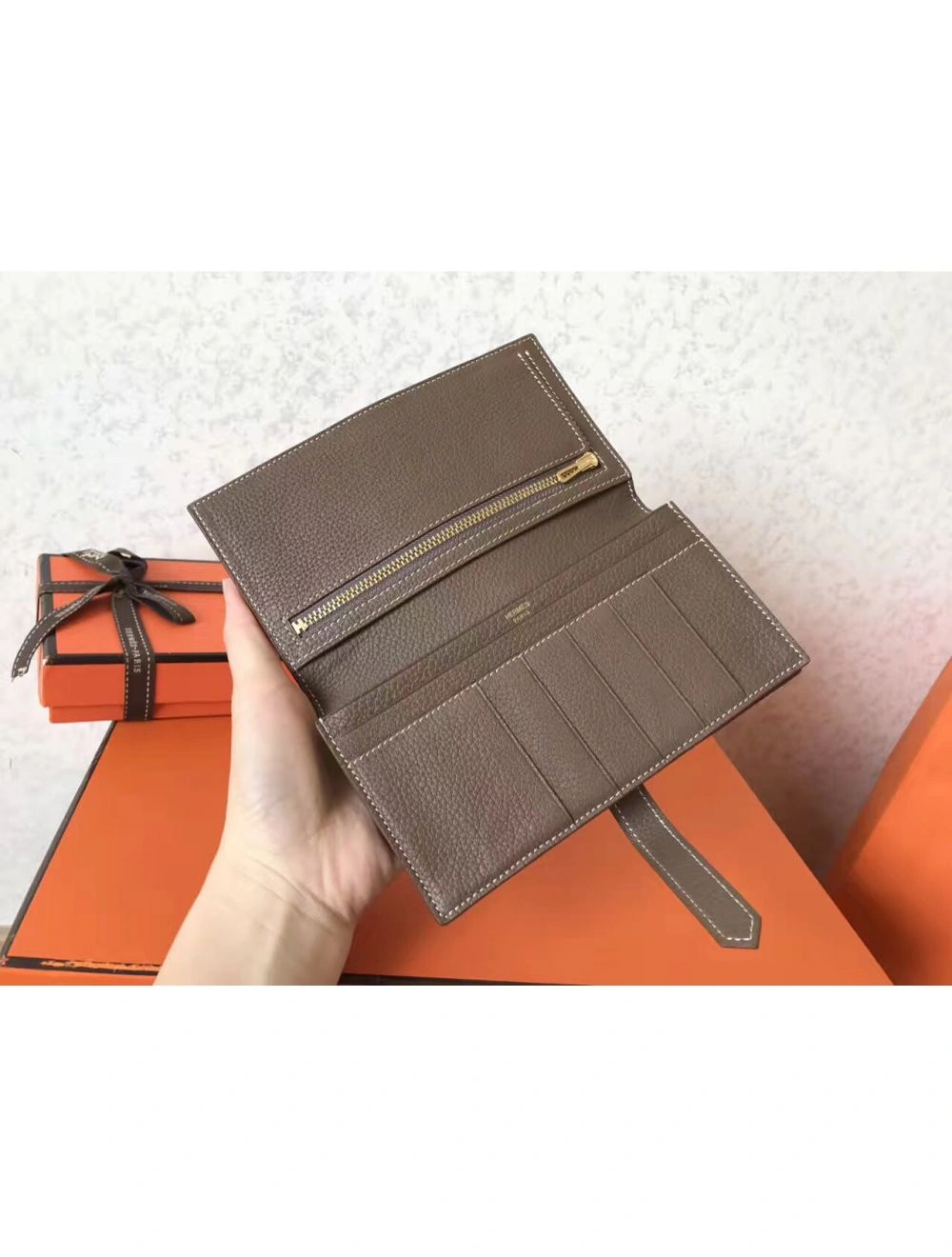 Hermes Taupe Clemence Bearn Gusset Wallet