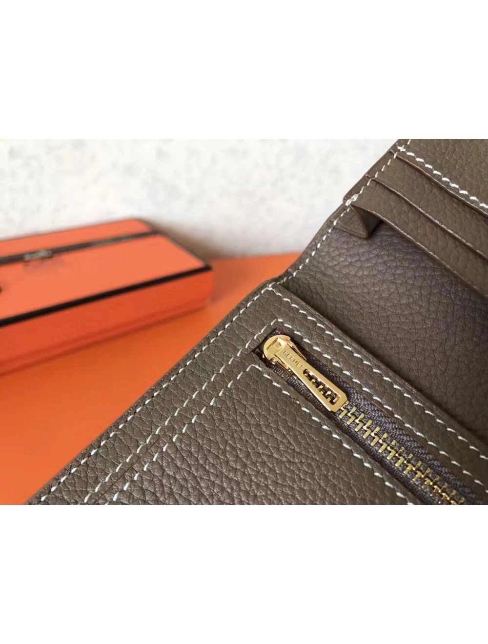 Hermes Taupe Clemence Bearn Gusset Wallet