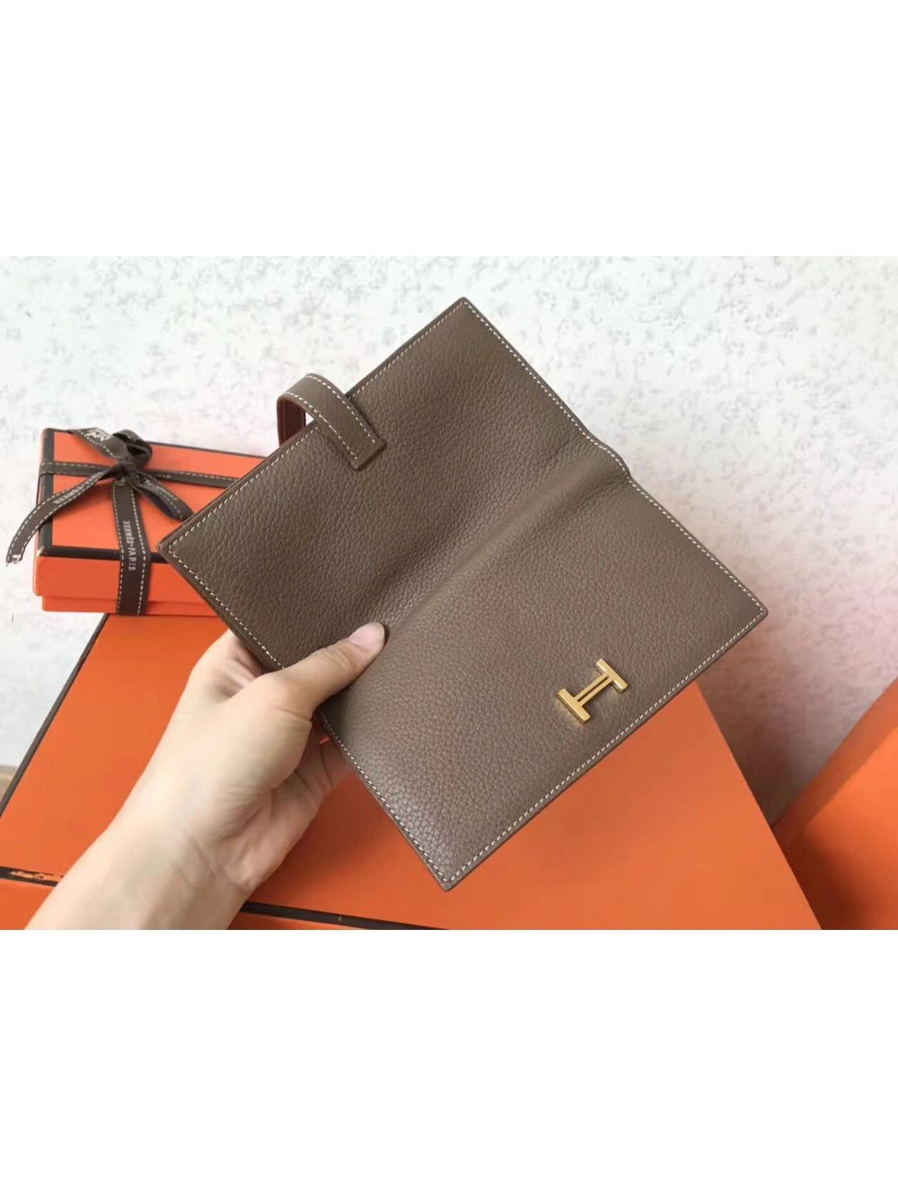 Hermes Taupe Clemence Bearn Gusset Wallet