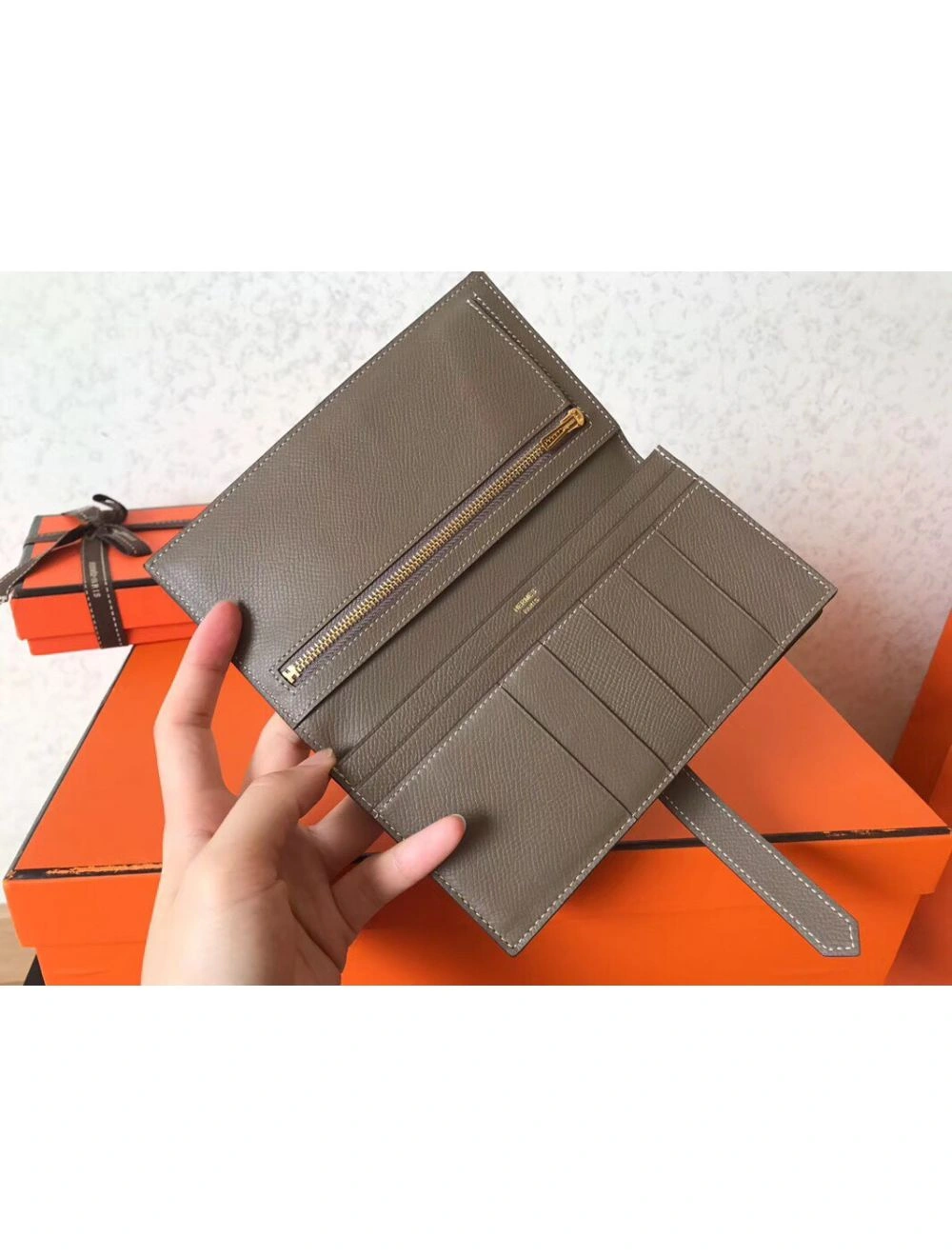Hermes Taupe Epsom Bearn Gusset Wallet