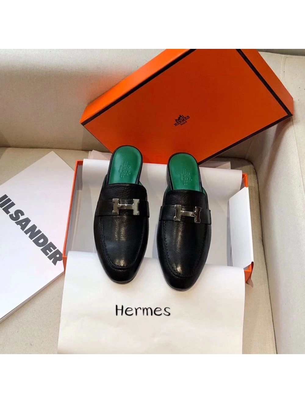 Hermes Trocadero Mules In Black Goatskin