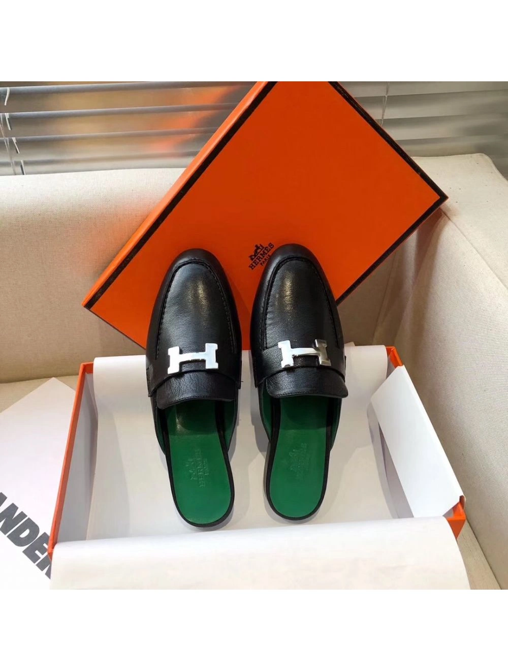 Hermes Trocadero Mules In Black Goatskin