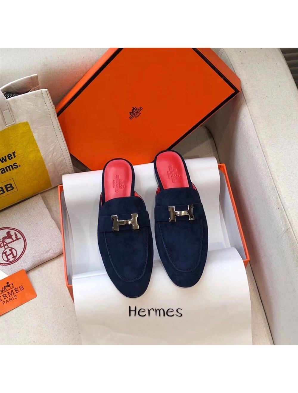 Hermes Trocadero Mules In Blue Suede
