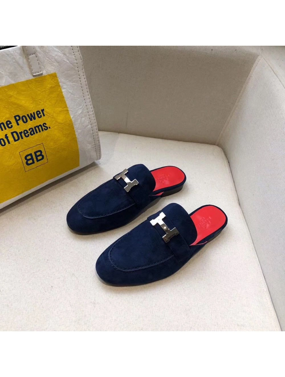 Hermes Trocadero Mules In Blue Suede