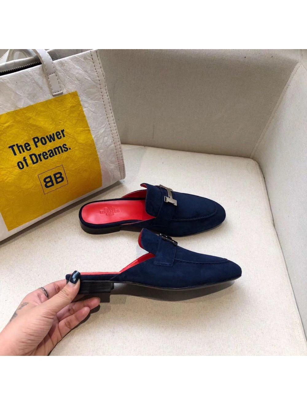 Hermes Trocadero Mules In Blue Suede