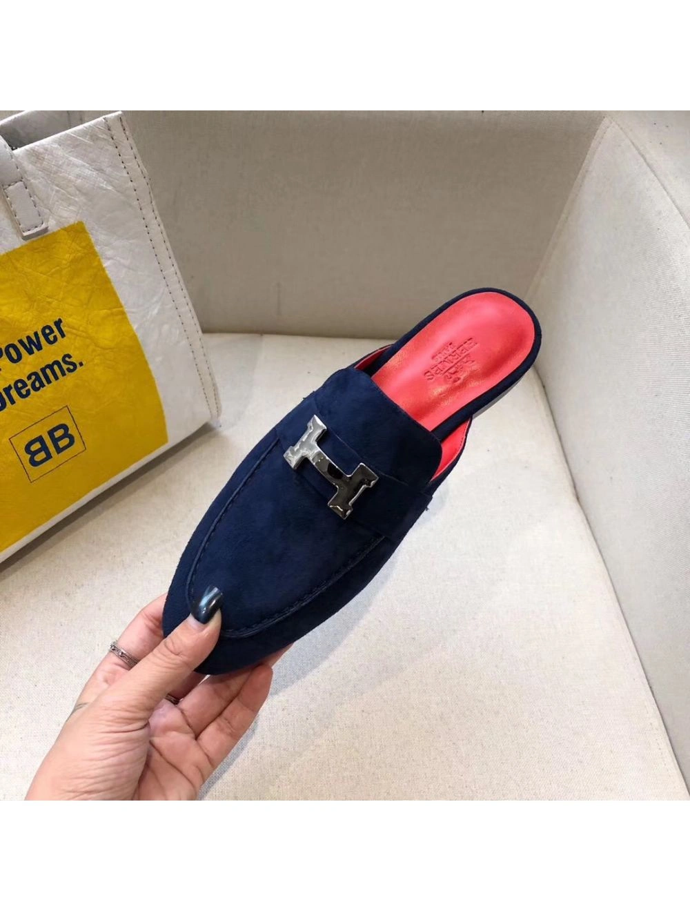 Hermes Trocadero Mules In Blue Suede