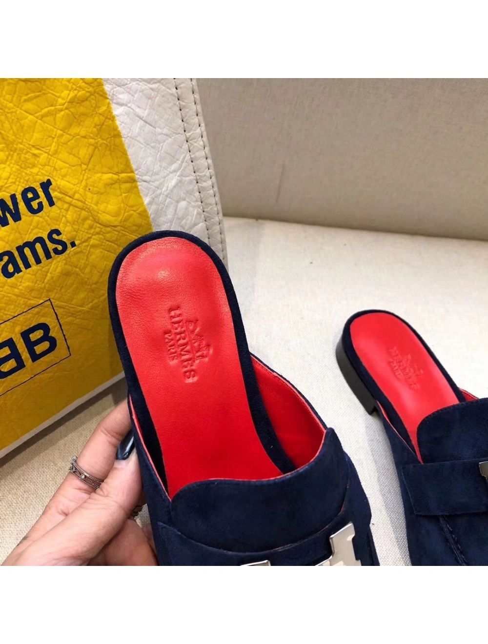 Hermes Trocadero Mules In Blue Suede