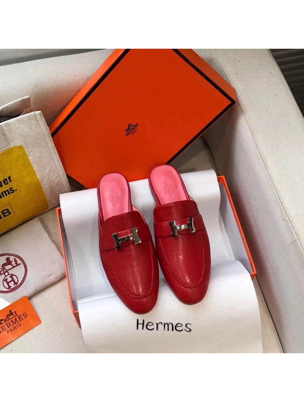 Hermes Trocadero Mules In Red Goatskin