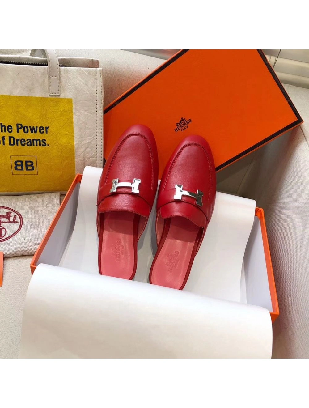 Hermes Trocadero Mules In Red Goatskin