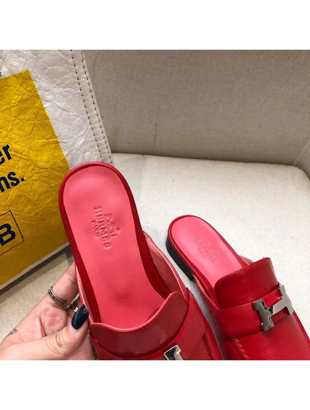 Hermes Trocadero Mules In Red Goatskin