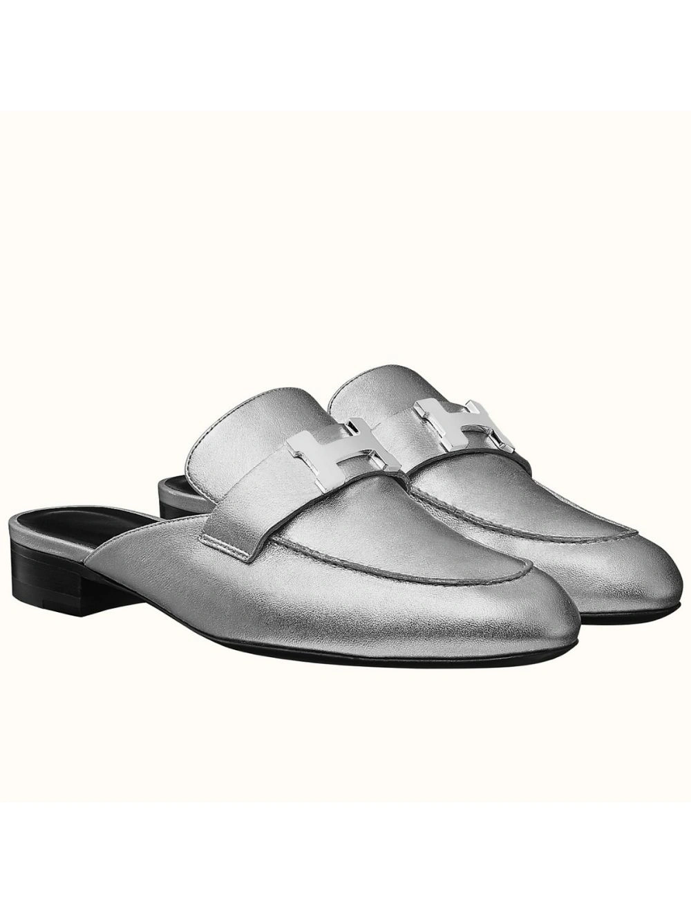Hermes Trocadero Mules In Silver Nappa Leather