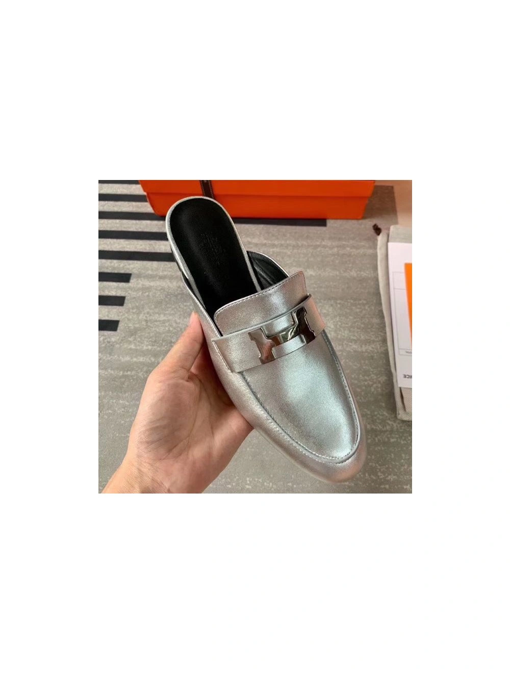 Hermes Trocadero Mules In Silver Nappa Leather