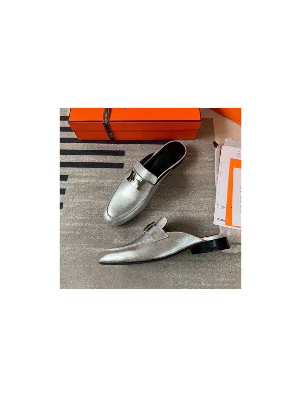 Hermes Trocadero Mules In Silver Nappa Leather