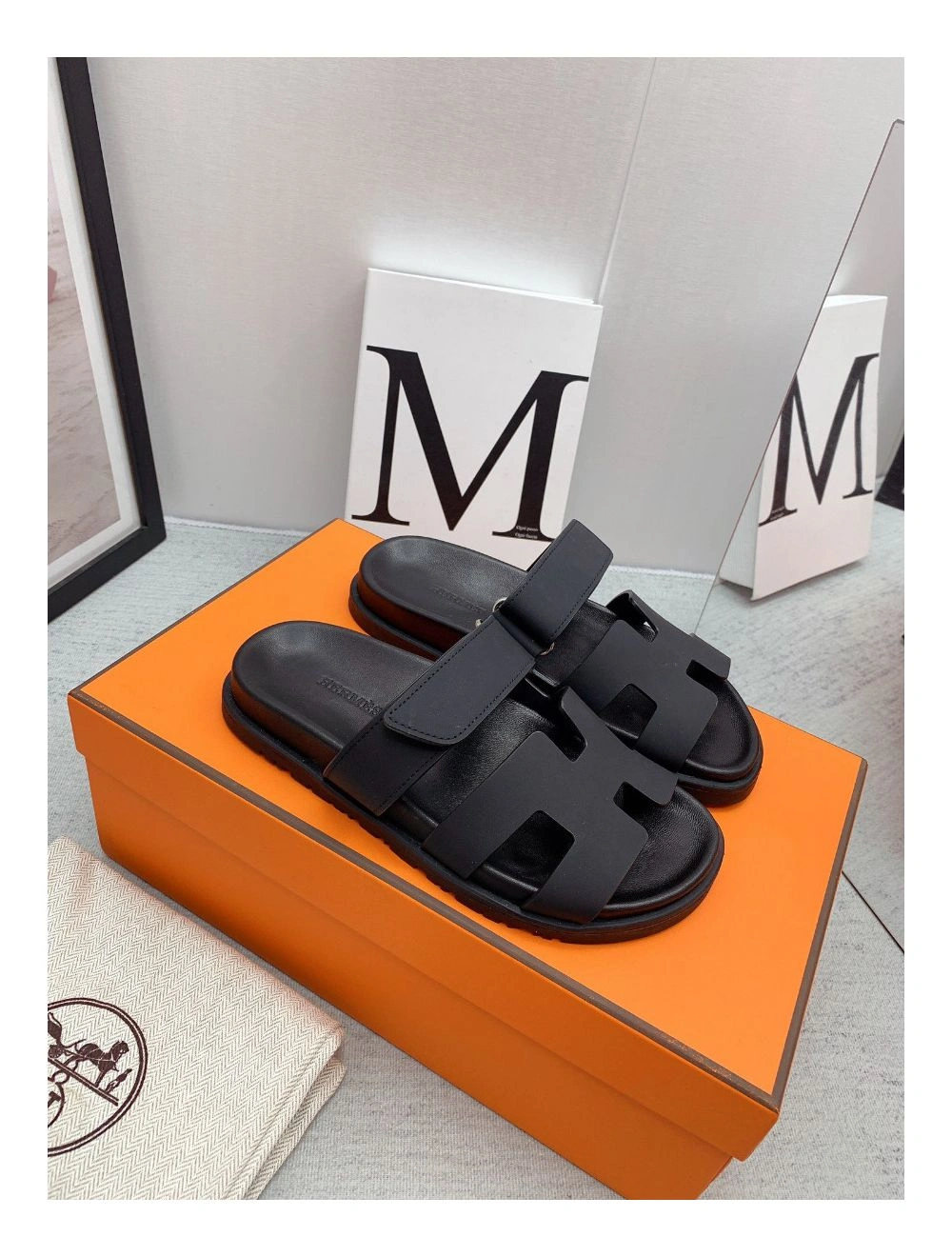 Hermes Women’s Chypre Sandals In Black Calfskin