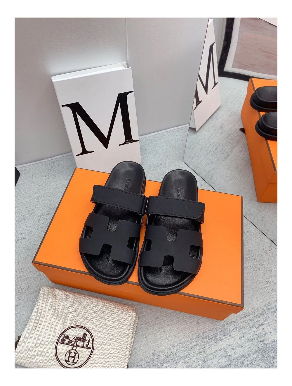 Hermes Women’s Chypre Sandals In Black Calfskin