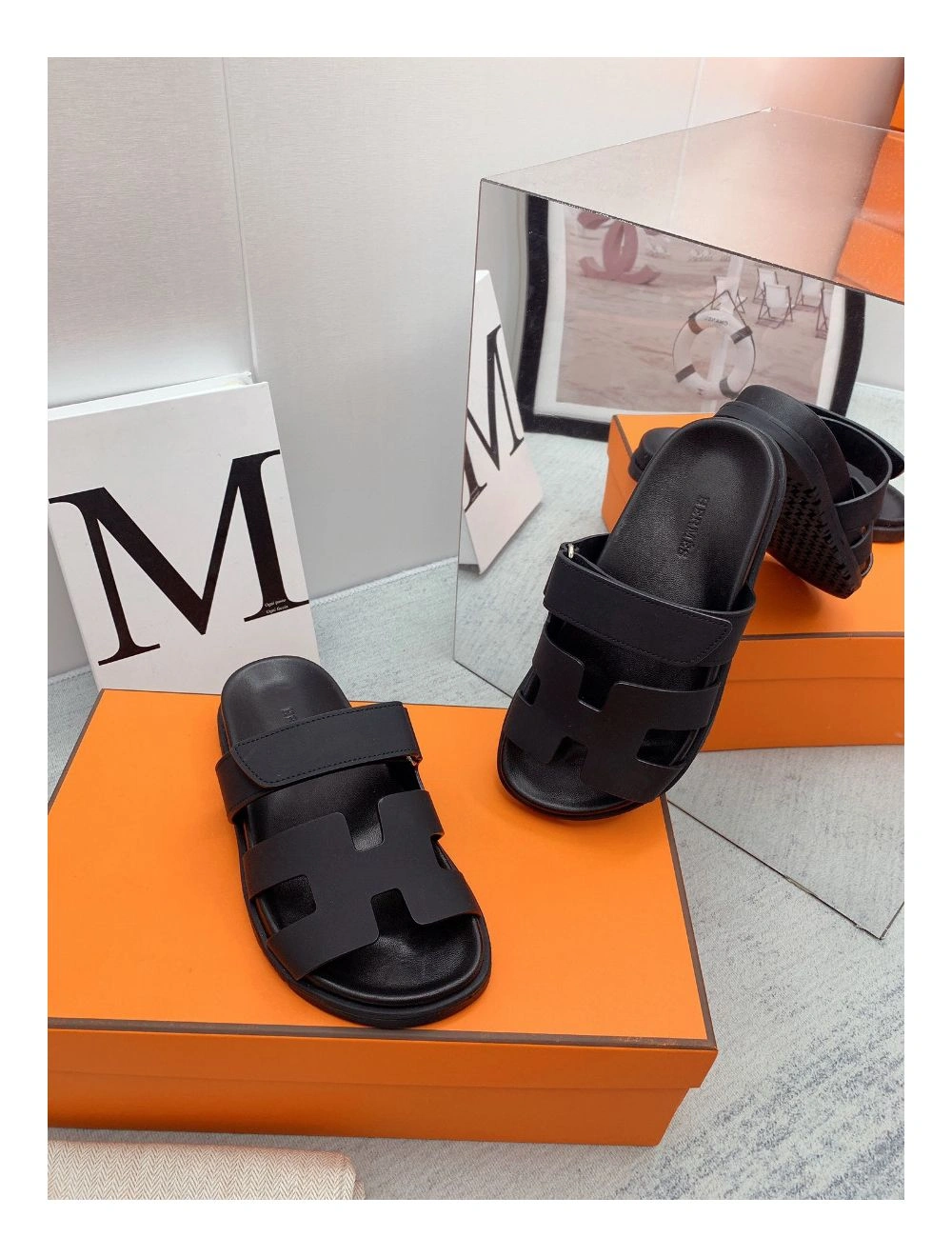 Hermes Women’s Chypre Sandals In Black Calfskin