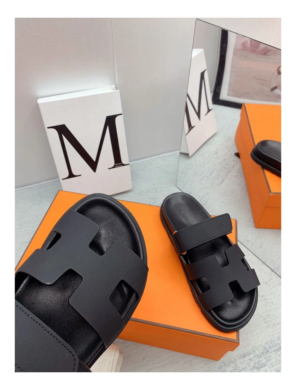 Hermes Women’s Chypre Sandals In Black Calfskin