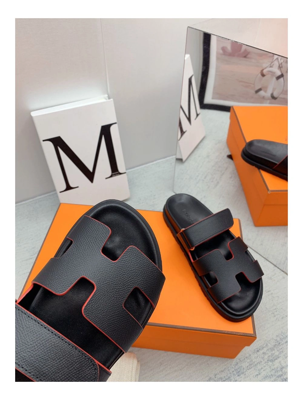 Hermes Women’s Chypre Sandals In Black Epsom Calfskin