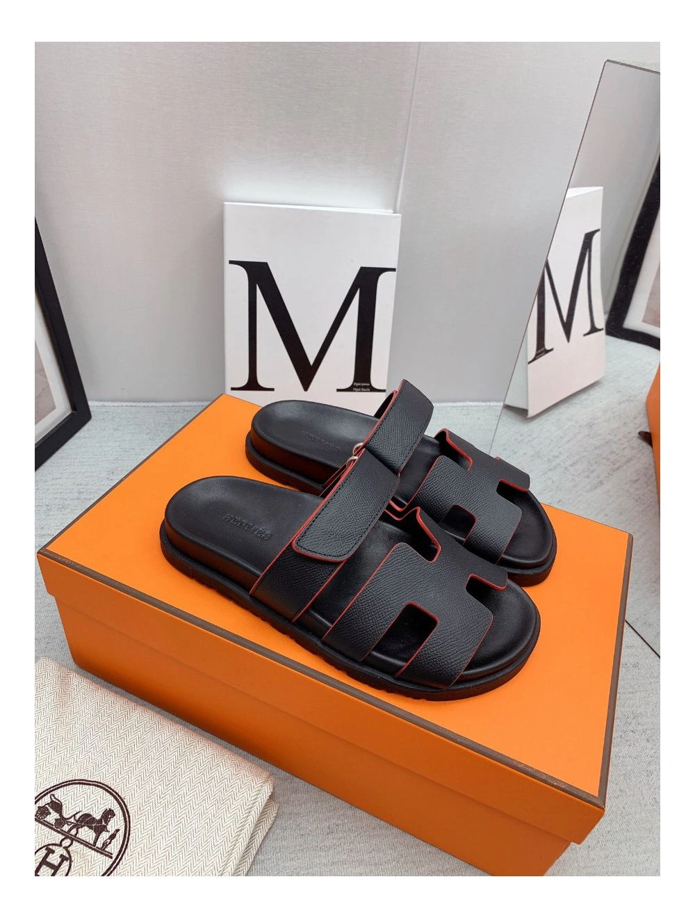 Hermes Women’s Chypre Sandals In Black Epsom Calfskin