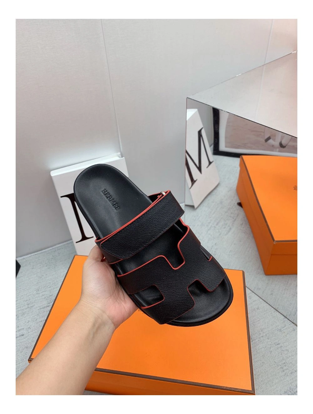 Hermes Women’s Chypre Sandals In Black Epsom Calfskin