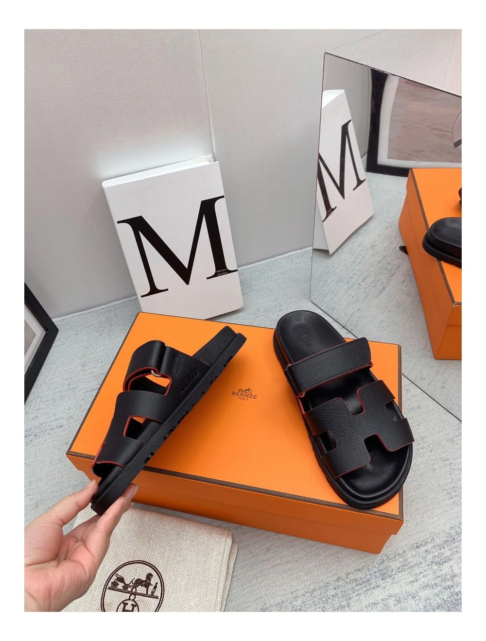 Hermes Women’s Chypre Sandals In Black Epsom Calfskin