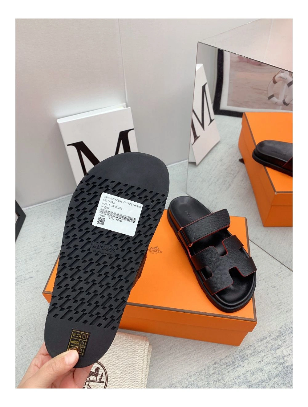 Hermes Women’s Chypre Sandals In Black Epsom Calfskin