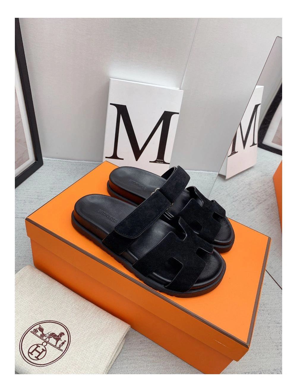 Hermes Women’s Chypre Sandals In Black Suede Calfskin