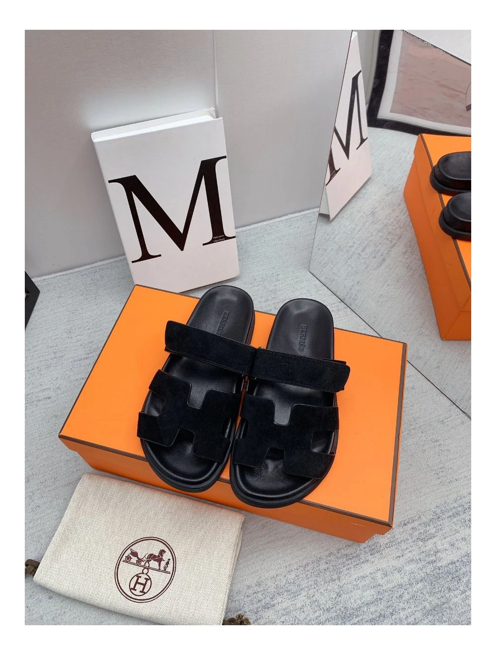 Hermes Women’s Chypre Sandals In Black Suede Calfskin