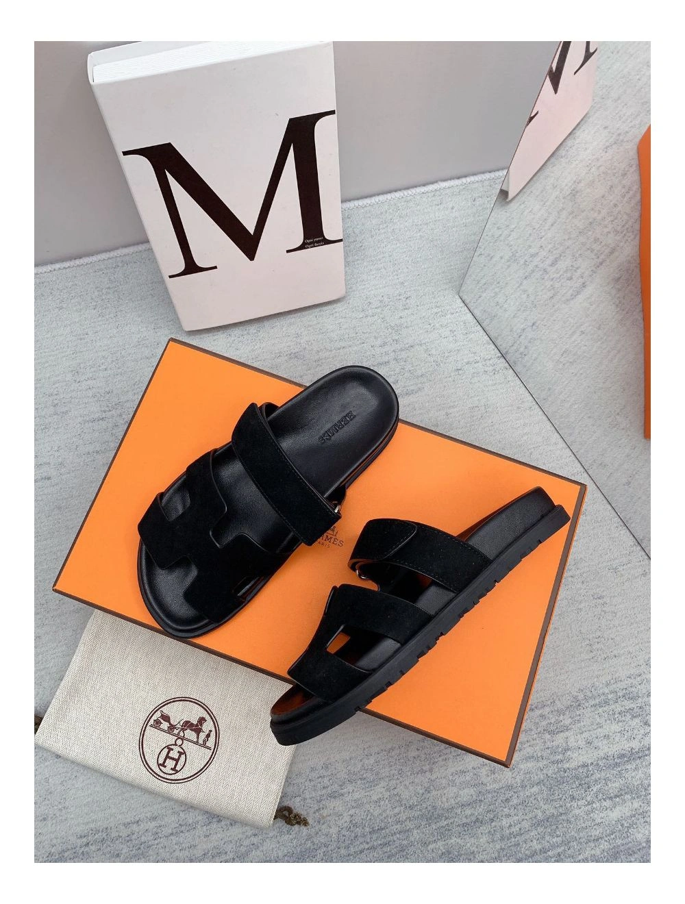 Hermes Women’s Chypre Sandals In Black Suede Calfskin