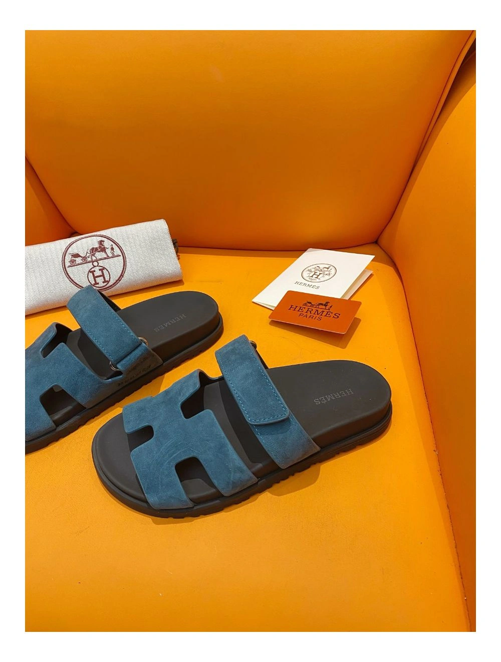 Hermes Women’s Chypre Sandals In Blue Suede Calfskin