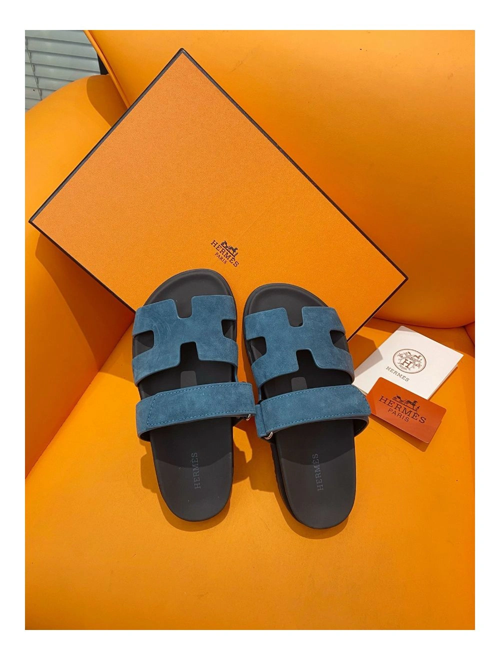 Hermes Women’s Chypre Sandals In Blue Suede Calfskin