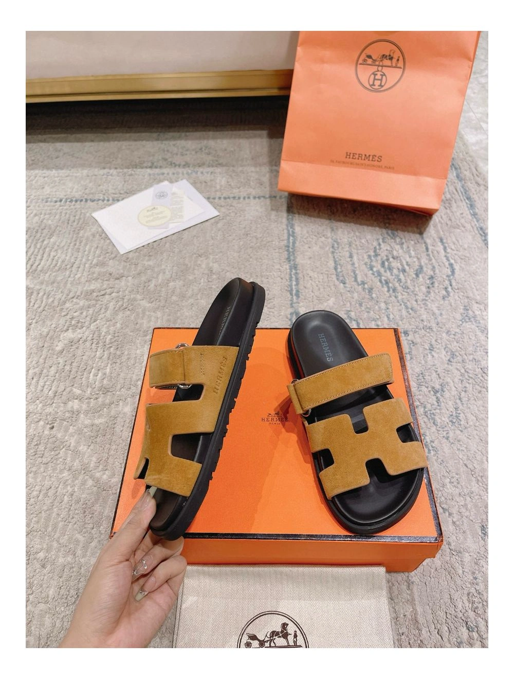 Hermes Women’s Chypre Sandals In Brown Suede Calfskin