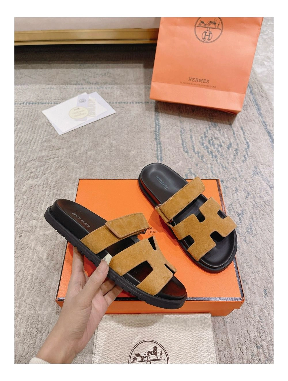 Hermes Women’s Chypre Sandals In Brown Suede Calfskin