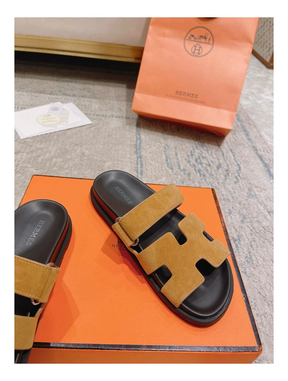 Hermes Women’s Chypre Sandals In Brown Suede Calfskin