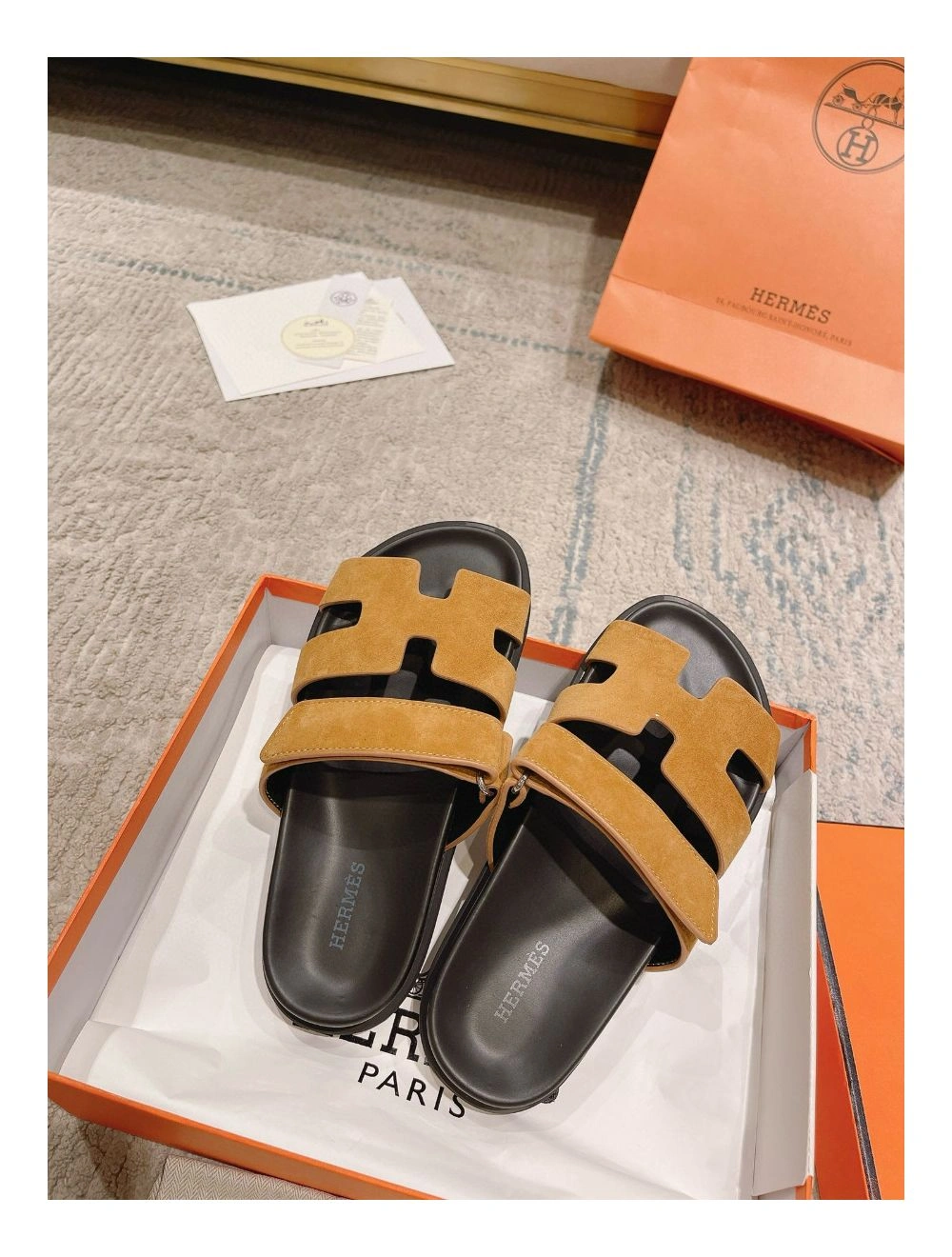 Hermes Women’s Chypre Sandals In Brown Suede Calfskin