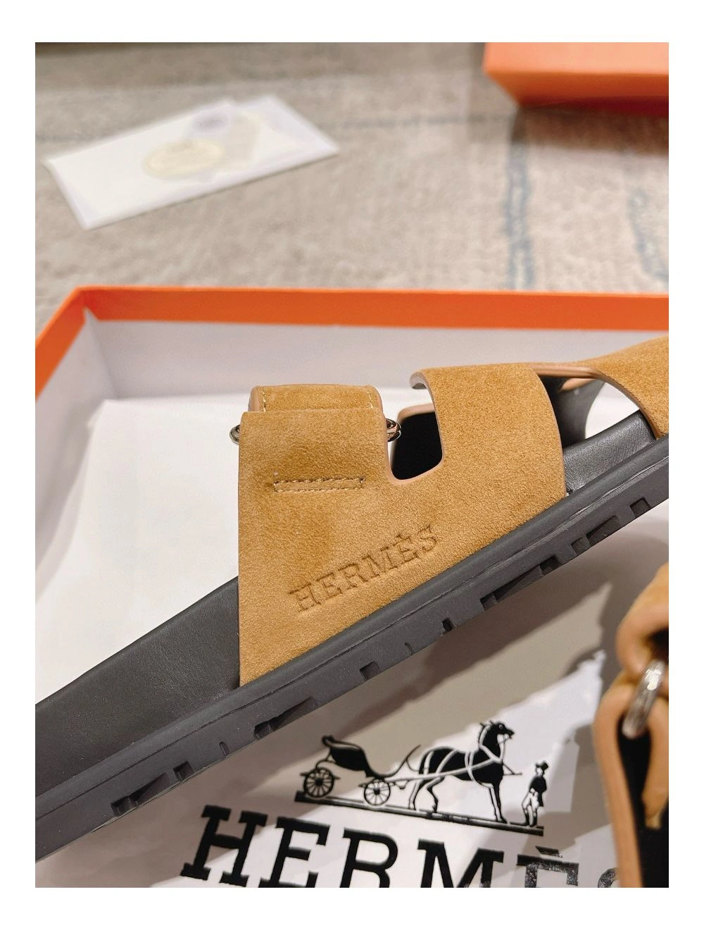 Hermes Women’s Chypre Sandals In Brown Suede Calfskin