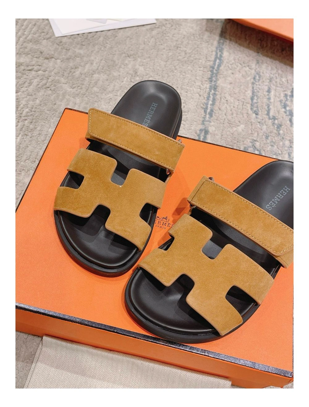 Hermes Women’s Chypre Sandals In Brown Suede Calfskin