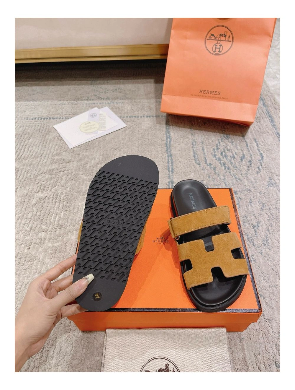 Hermes Women’s Chypre Sandals In Brown Suede Calfskin