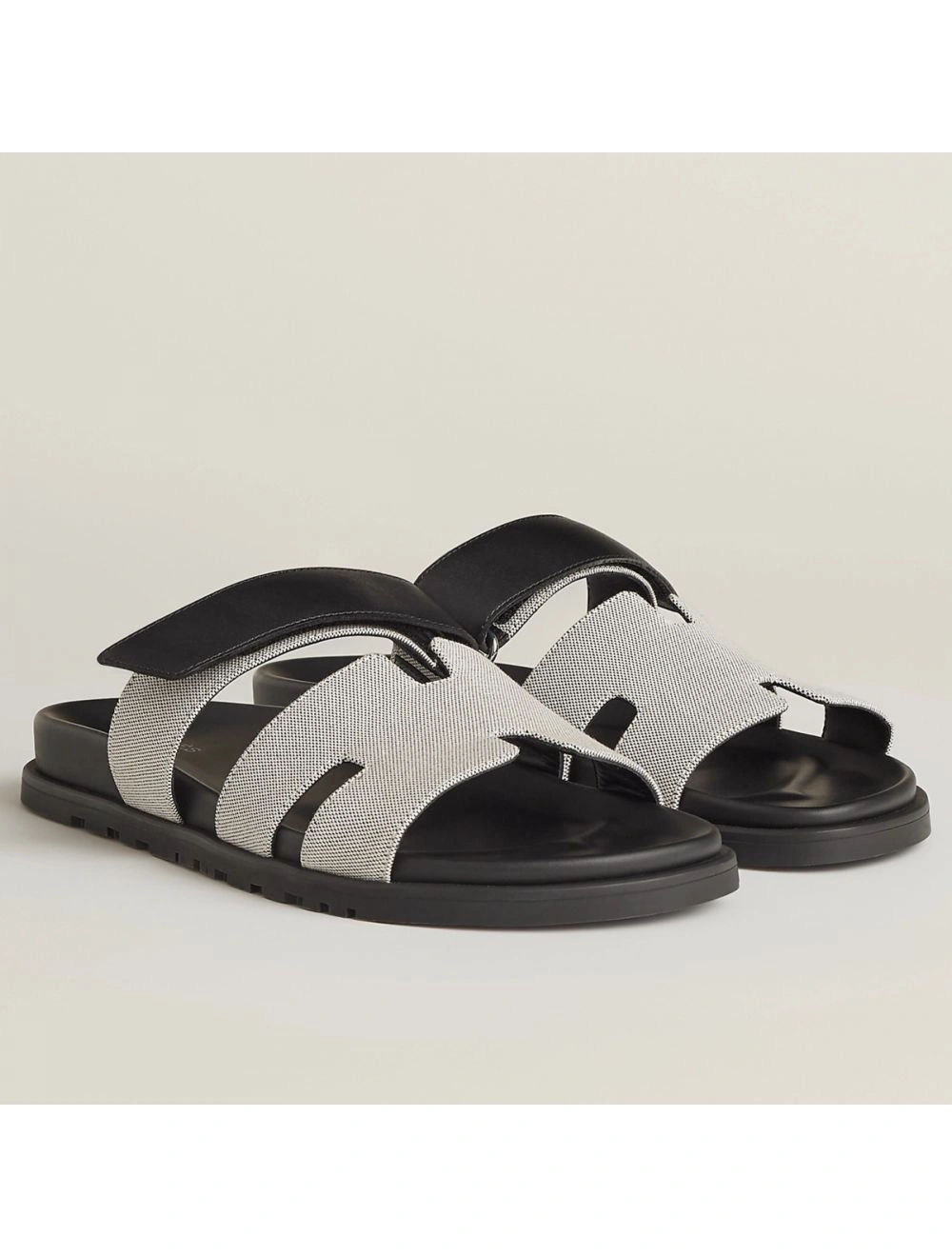 Hermes Women’s Chypre Sandals In Canvas with Black Leather
