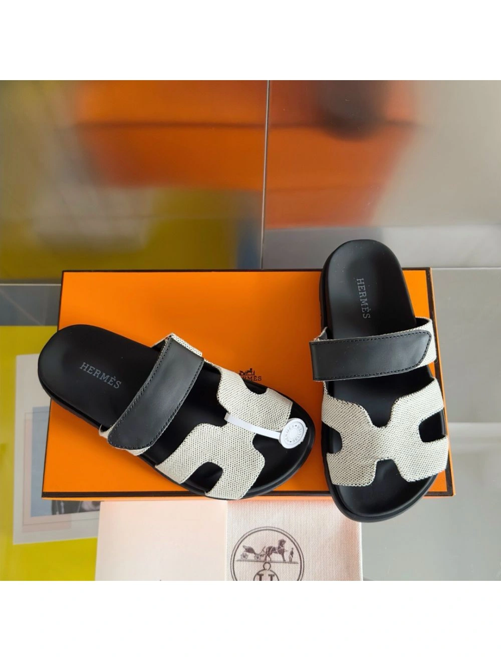 Hermes Women’s Chypre Sandals In Canvas with Black Leather