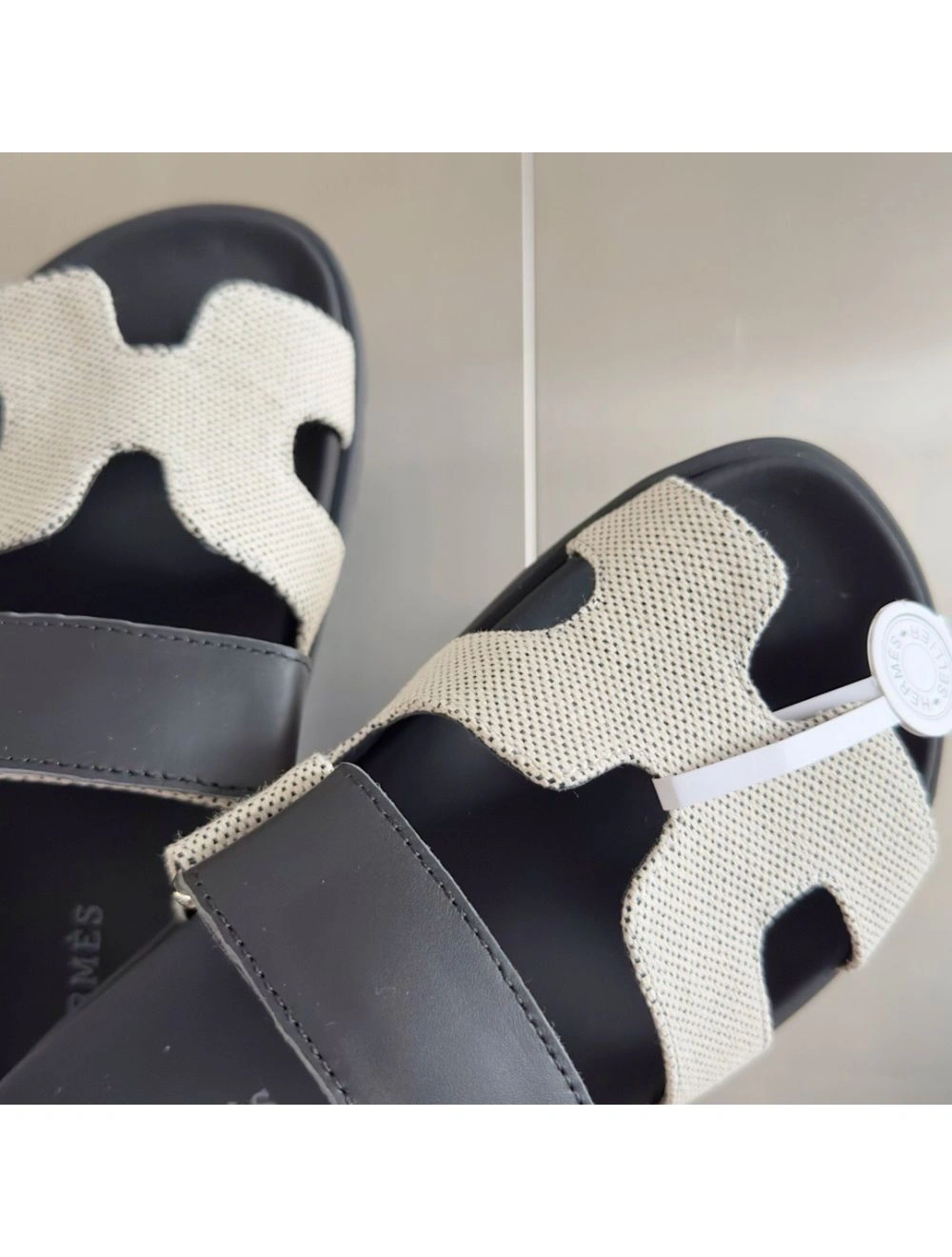 Hermes Women’s Chypre Sandals In Canvas with Black Leather