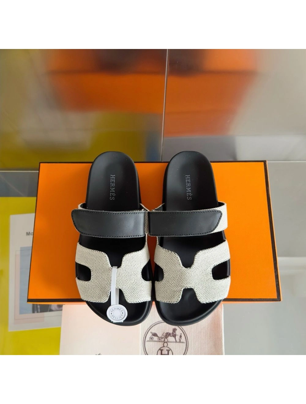 Hermes Women’s Chypre Sandals In Canvas with Black Leather